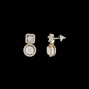 Geometric Square & Circle Halo Art Deco Drop Studs in 14K Two-Tone Gold