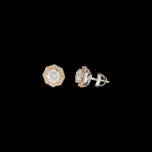 Octagon Halo Rose Gold Solitaire Diamond Studs in 14K Two-Tone Gold