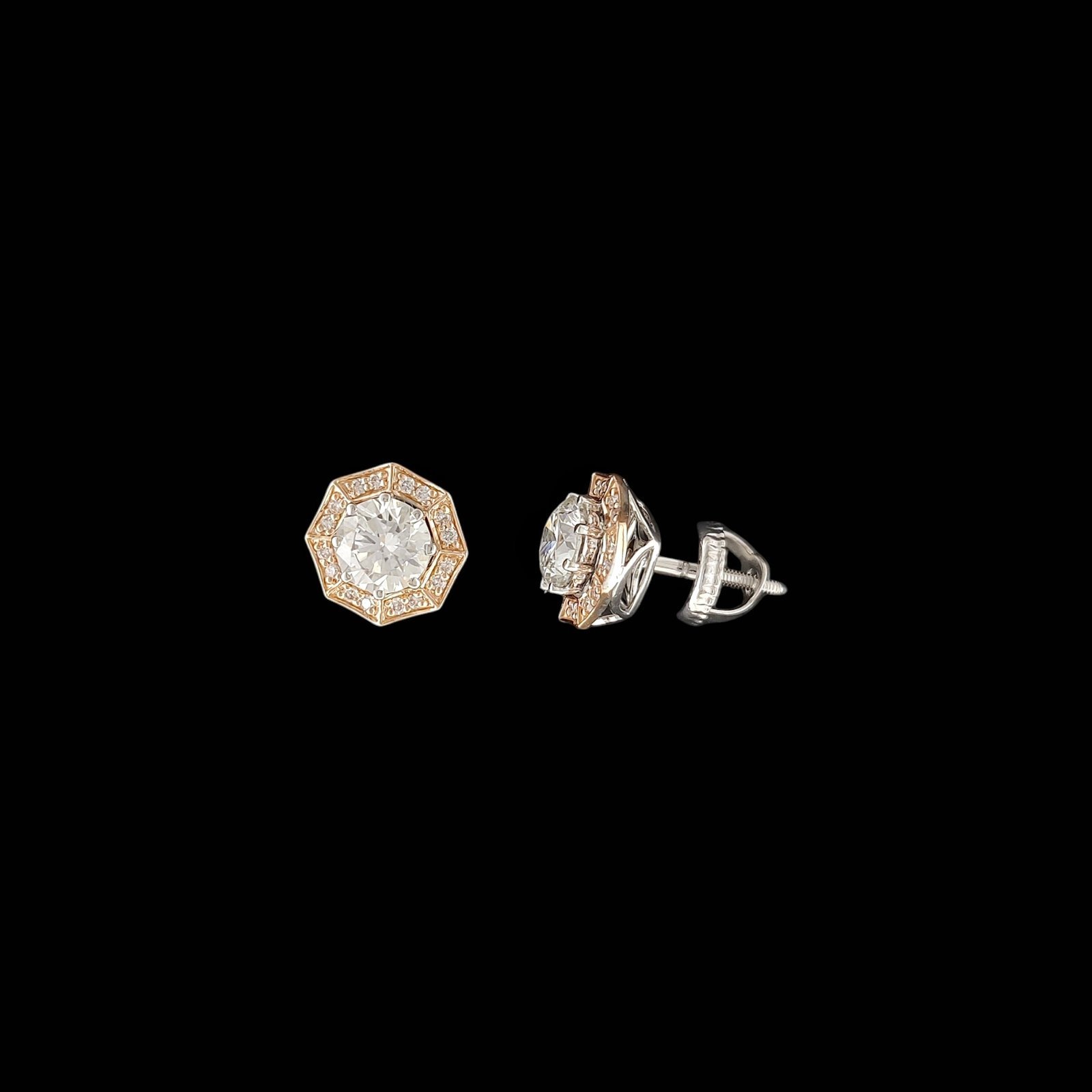 Octagon Halo Rose Gold Solitaire Diamond Studs in 14K Two-Tone Gold 1 Octagon Halo Rose Gold Solitaire Diamond Studs in 14K Two-Tone Gold